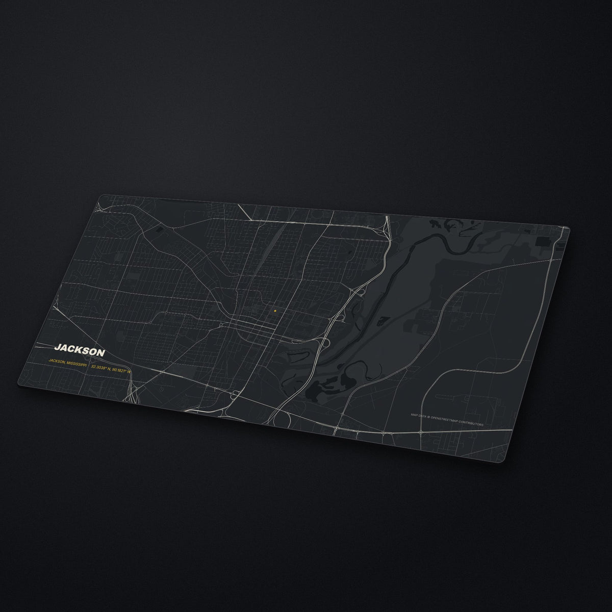 Jackson Street Map Desk Mat at an angle on a stone desk