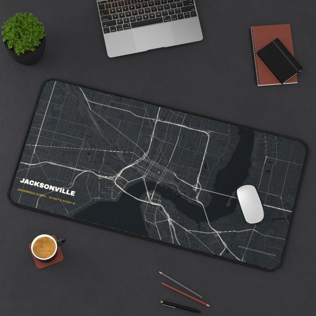 Jacksonville Street Map desk mat on a desk with a laptop, mouse and coffee cup for scale
