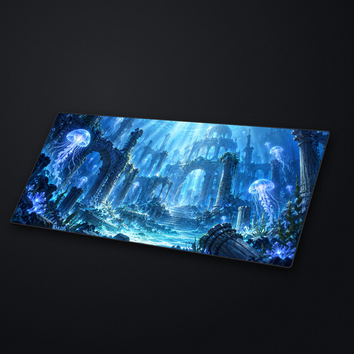 Jellyfish Ruins Desk Mat at an angle on a stone desk
