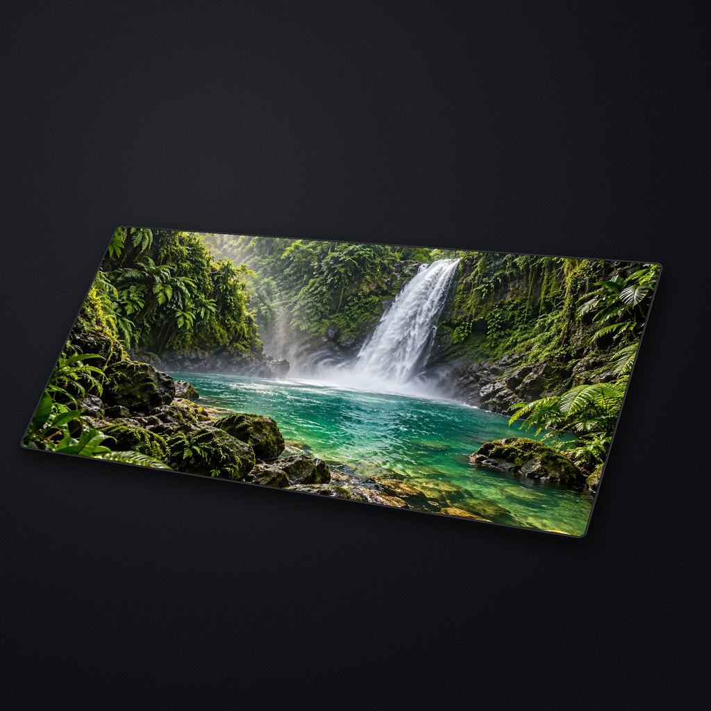 Jungle Falls Desk Mat at an angle on a stone desk