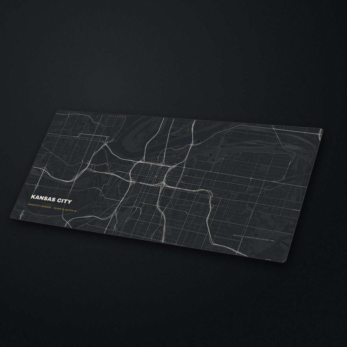 Kansas City Street Map Desk Mat at an angle on a stone desk