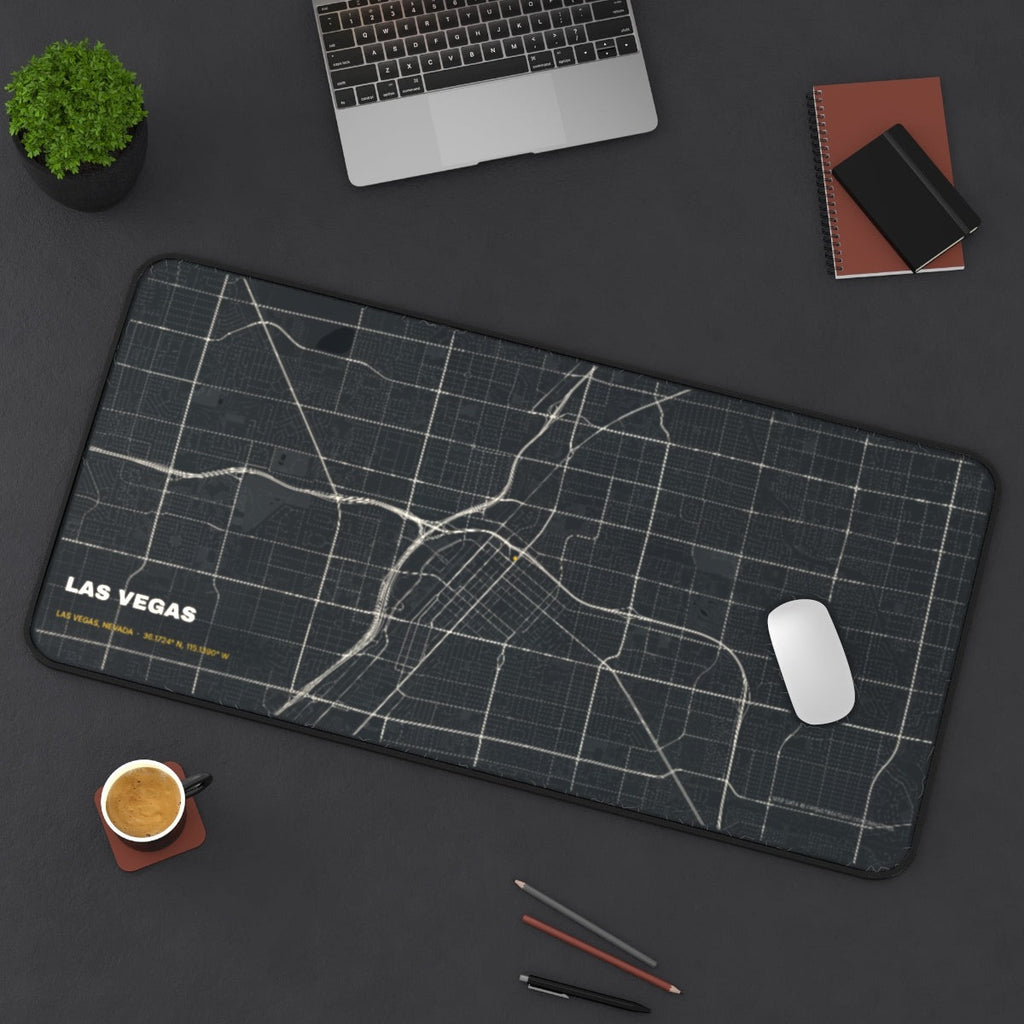 Las Vegas Street Map desk mat on a desk with a laptop, mouse and coffee cup for scale