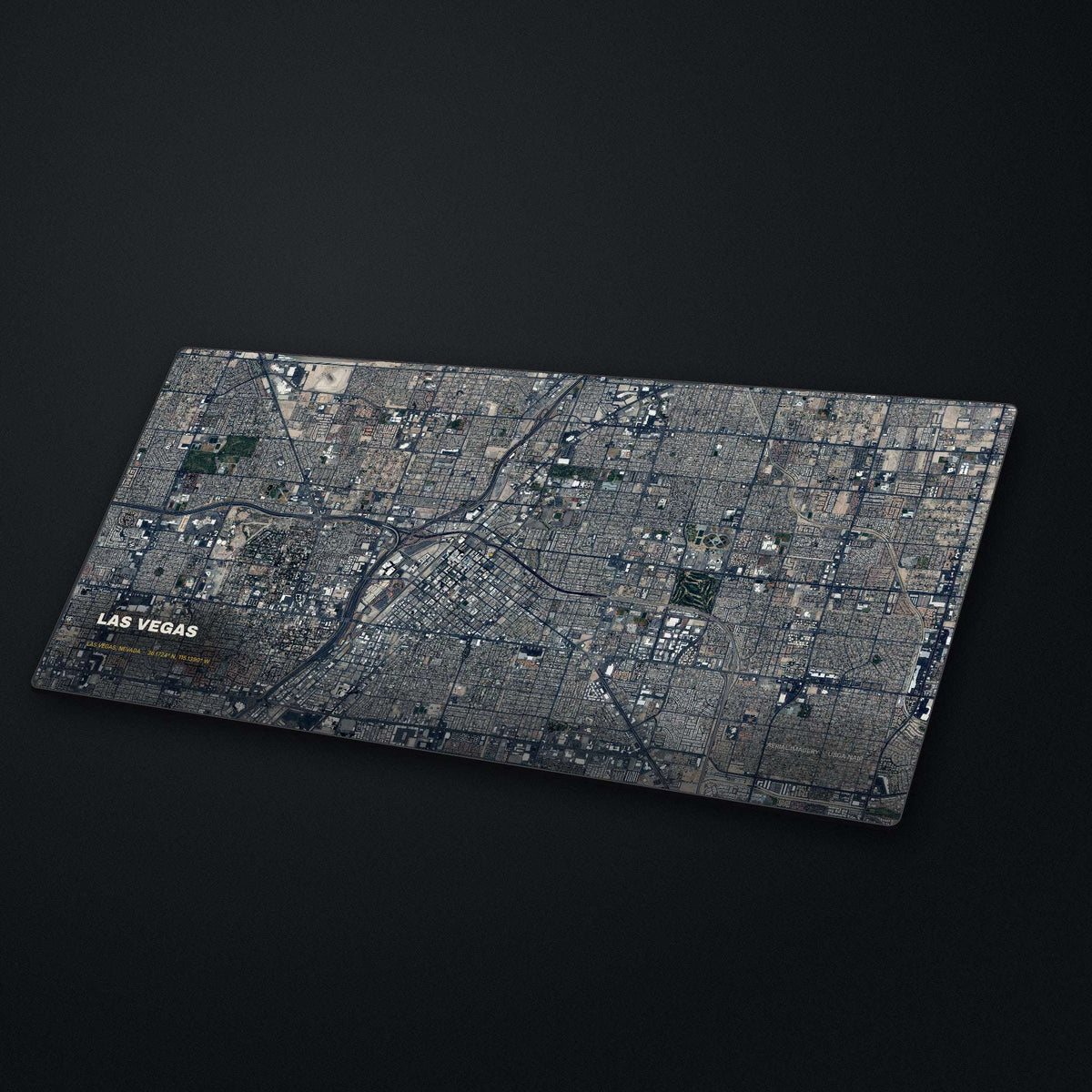 Las Vegas Satellite Desk Mat at an angle on a stone desk