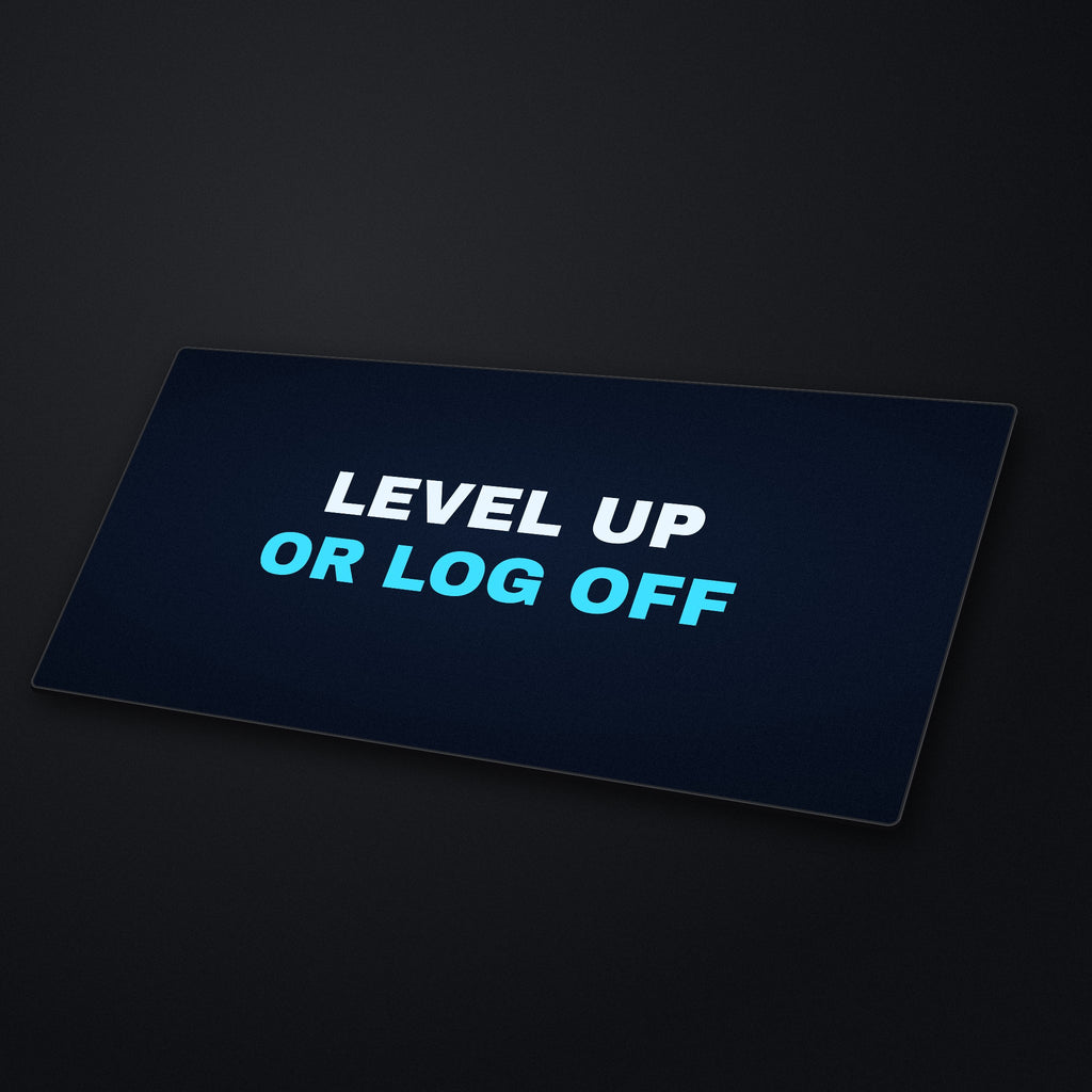 Level Up or Log Off Desk Mat at an angle on a stone desk