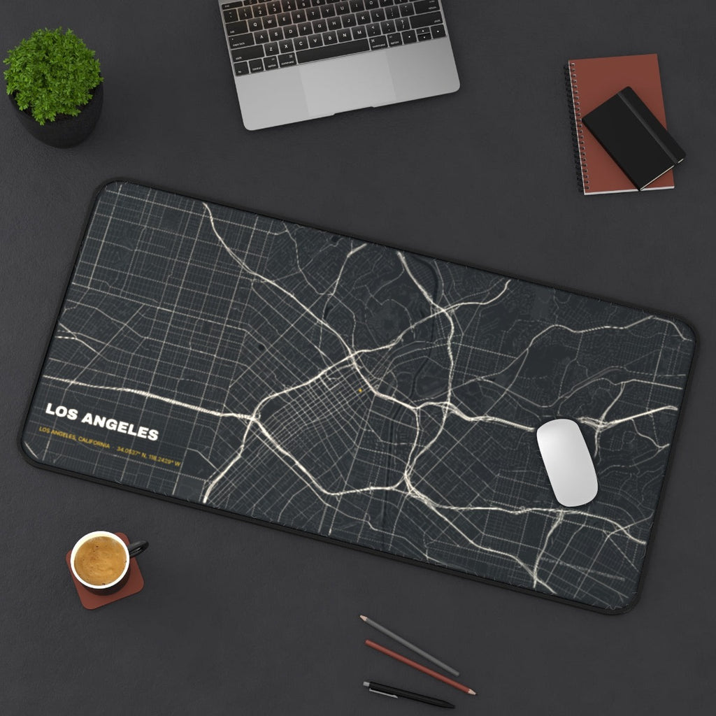Los Angeles Street Map desk mat on a desk with a laptop, mouse and coffee cup for scale