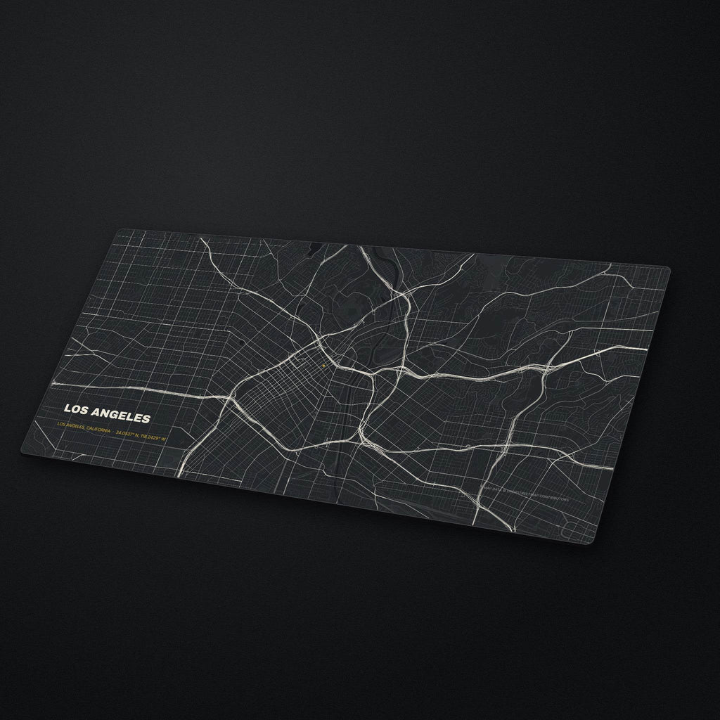 Los Angeles Street Map Desk Mat at an angle on a stone desk