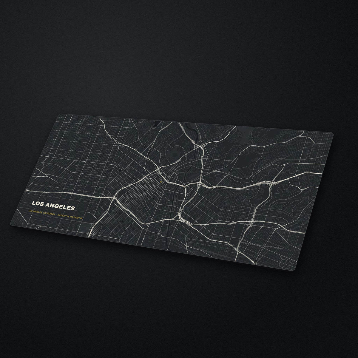 Los Angeles Street Map Desk Mat at an angle on a stone desk