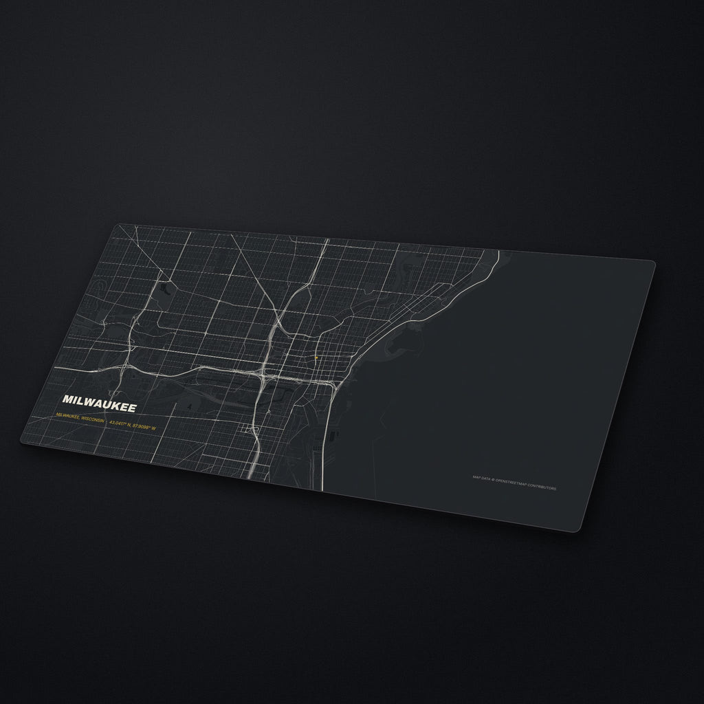 Milwaukee Street Map Desk Mat at an angle on a stone desk