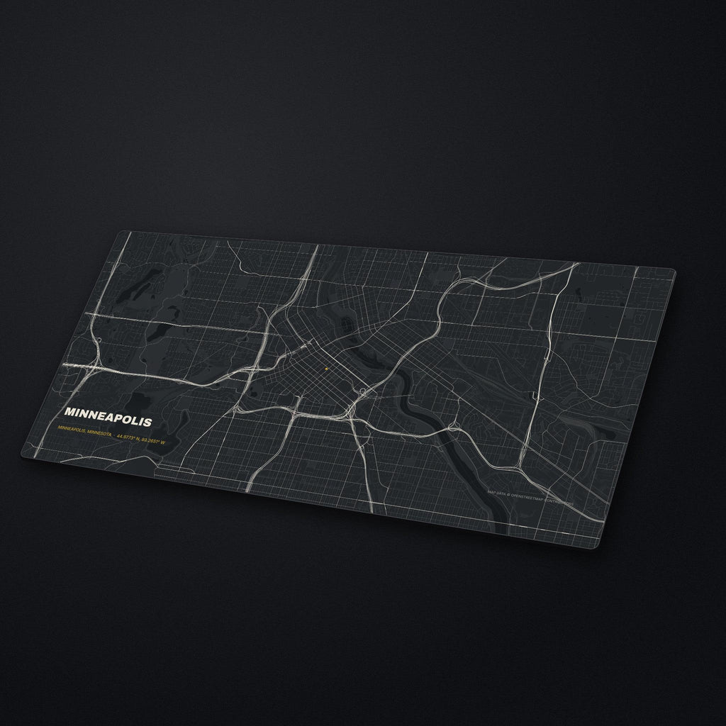 Minneapolis Street Map Desk Mat at an angle on a stone desk