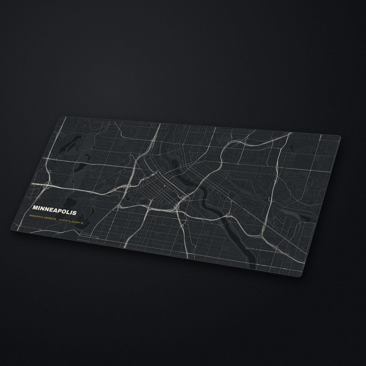 Minneapolis Street Map Desk Mat at an angle on a stone desk