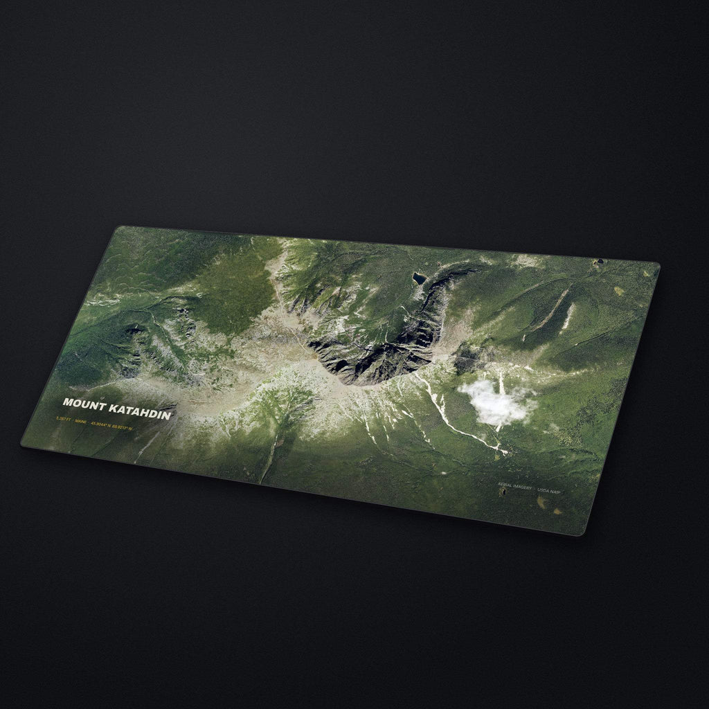 Mount Katahdin Satellite Desk Mat at an angle on a stone desk