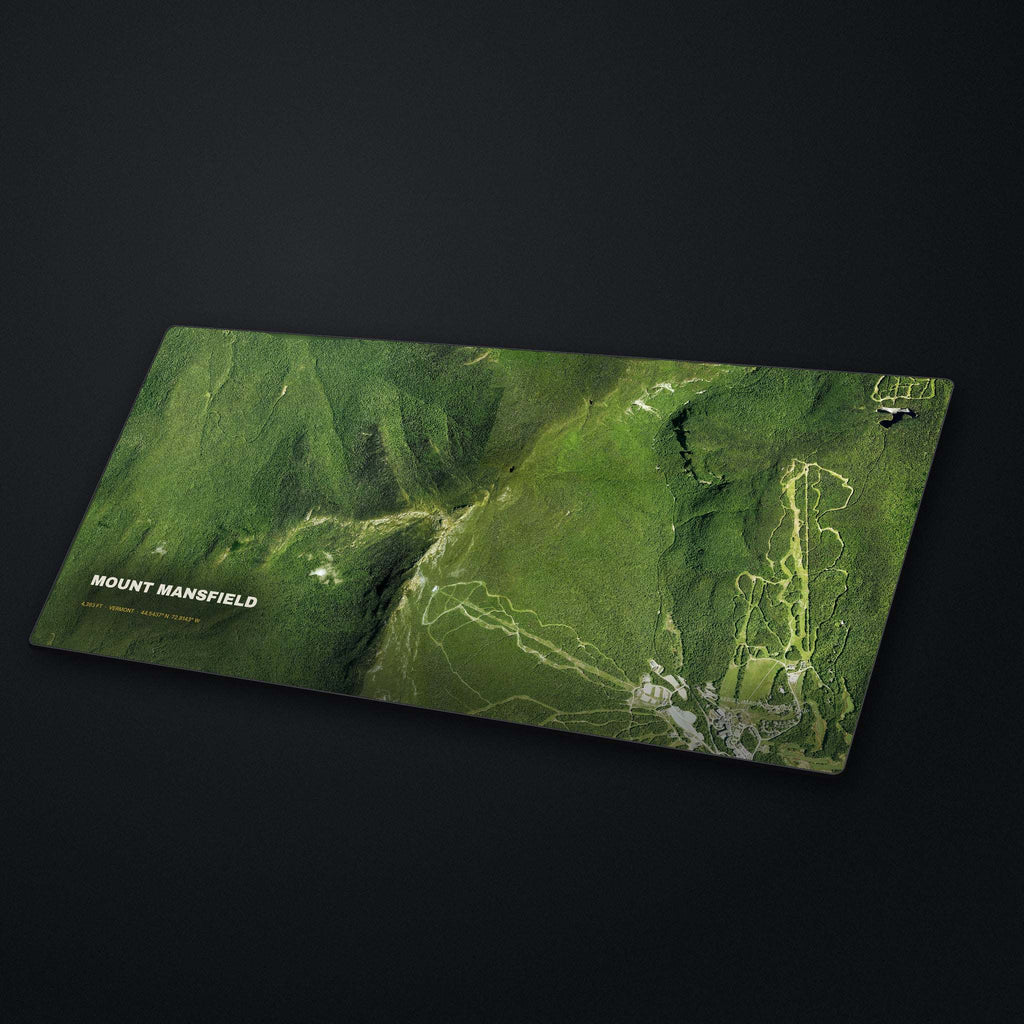 Mount Mansfield Satellite Desk Mat at an angle on a stone desk