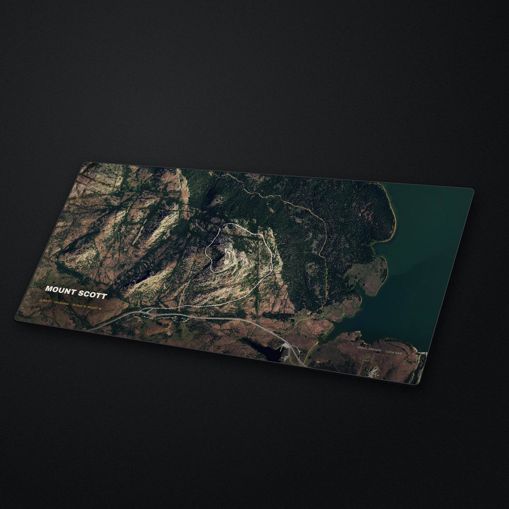 Mount Scott Satellite Desk Mat at an angle on a stone desk