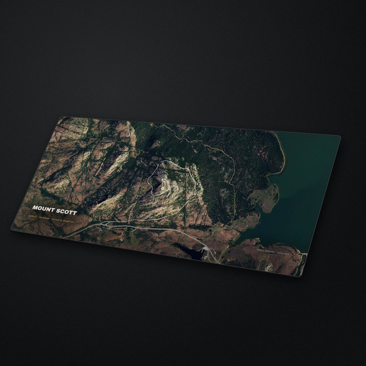Mount Scott Satellite Desk Mat at an angle on a stone desk