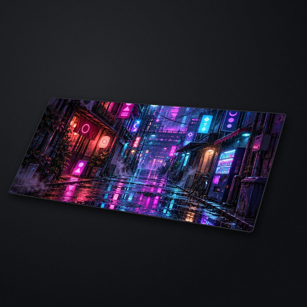 Neon Rain Alley Desk Mat at an angle on a stone desk