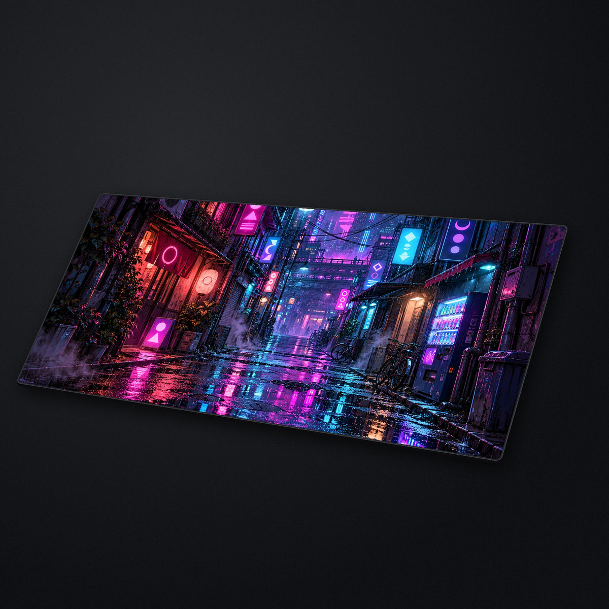 Neon Rain Alley Desk Mat at an angle on a stone desk