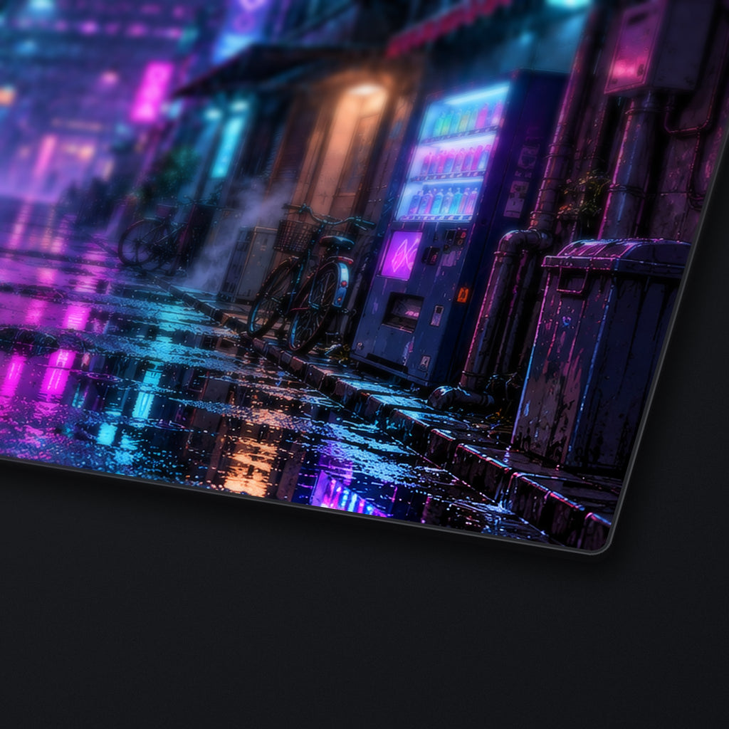 Neon Rain Alley Desk Mat, edge detail