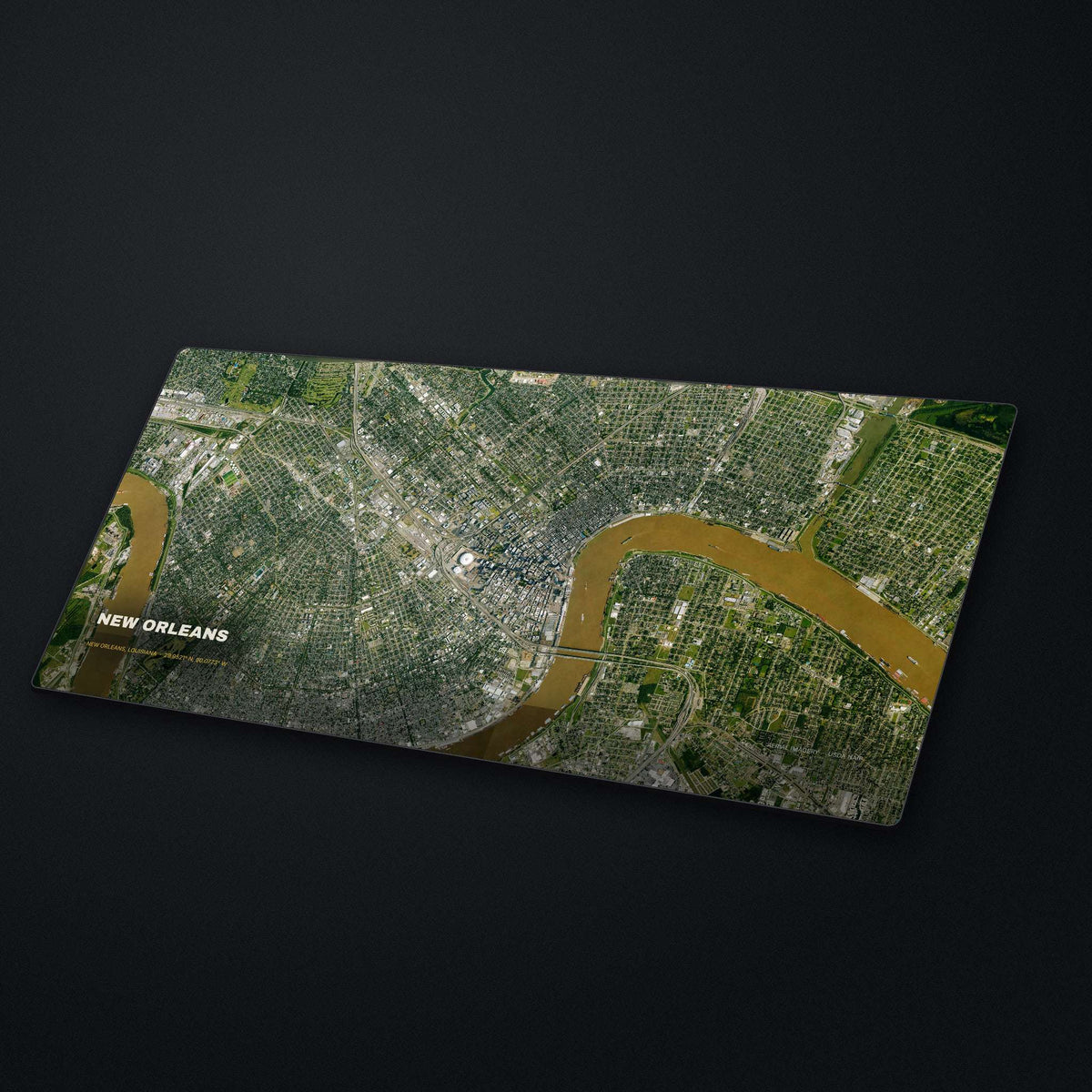 New Orleans Satellite Desk Mat at an angle on a stone desk