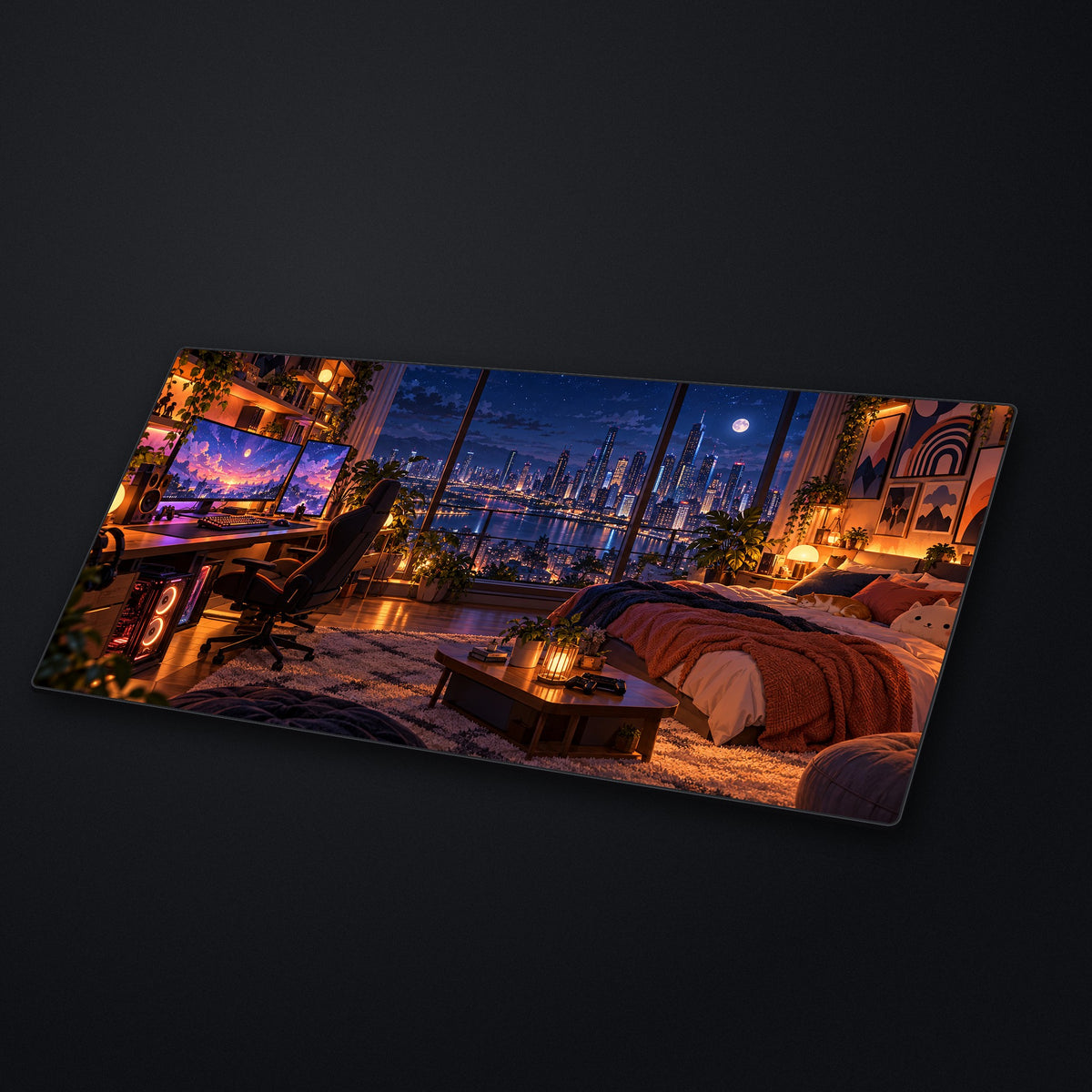 Night Owl Setup Desk Mat at an angle on a stone desk
