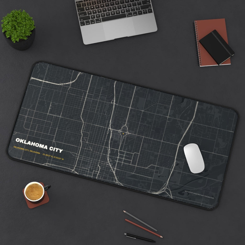 Oklahoma City Street Map desk mat on a desk with a laptop, mouse and coffee cup for scale