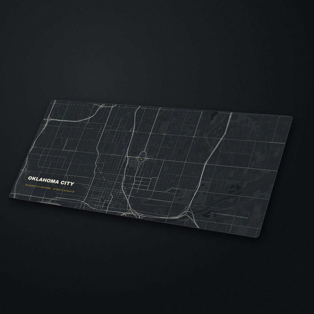 Oklahoma City Street Map Desk Mat at an angle on a stone desk