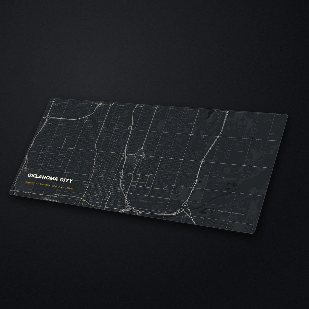 Oklahoma City Street Map Desk Mat at an angle on a stone desk