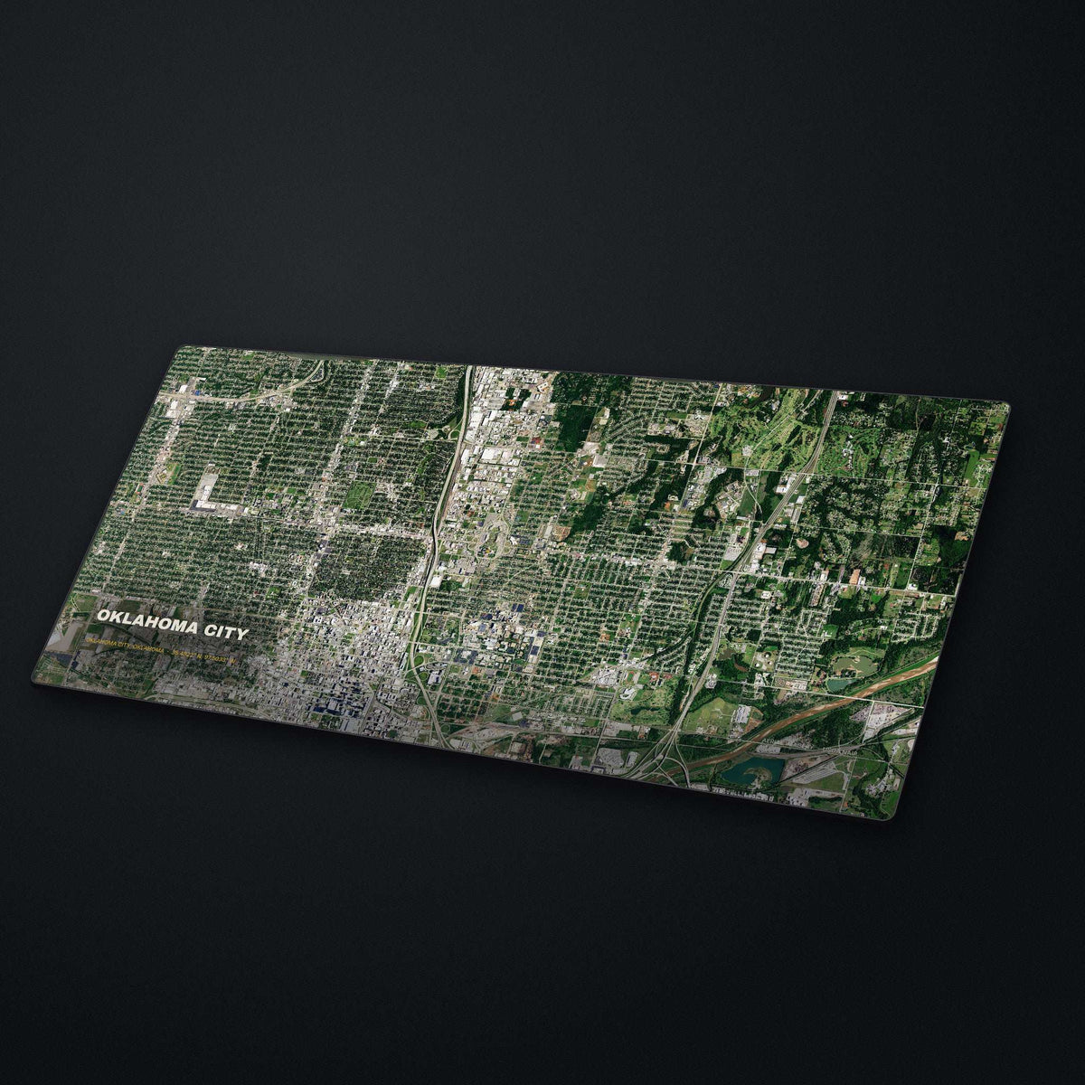 Oklahoma City Satellite Desk Mat at an angle on a stone desk