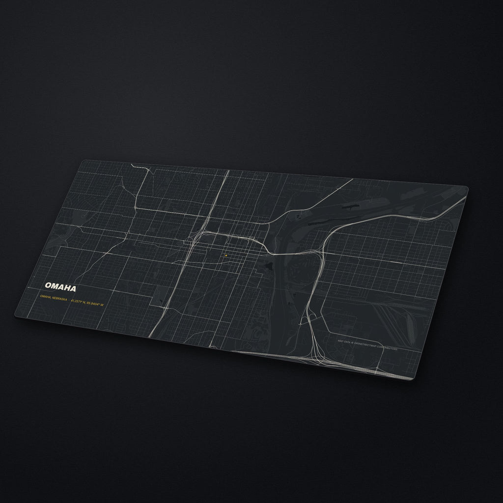 Omaha Street Map Desk Mat at an angle on a stone desk