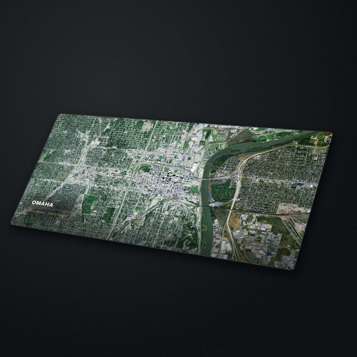 Omaha Satellite Desk Mat at an angle on a stone desk