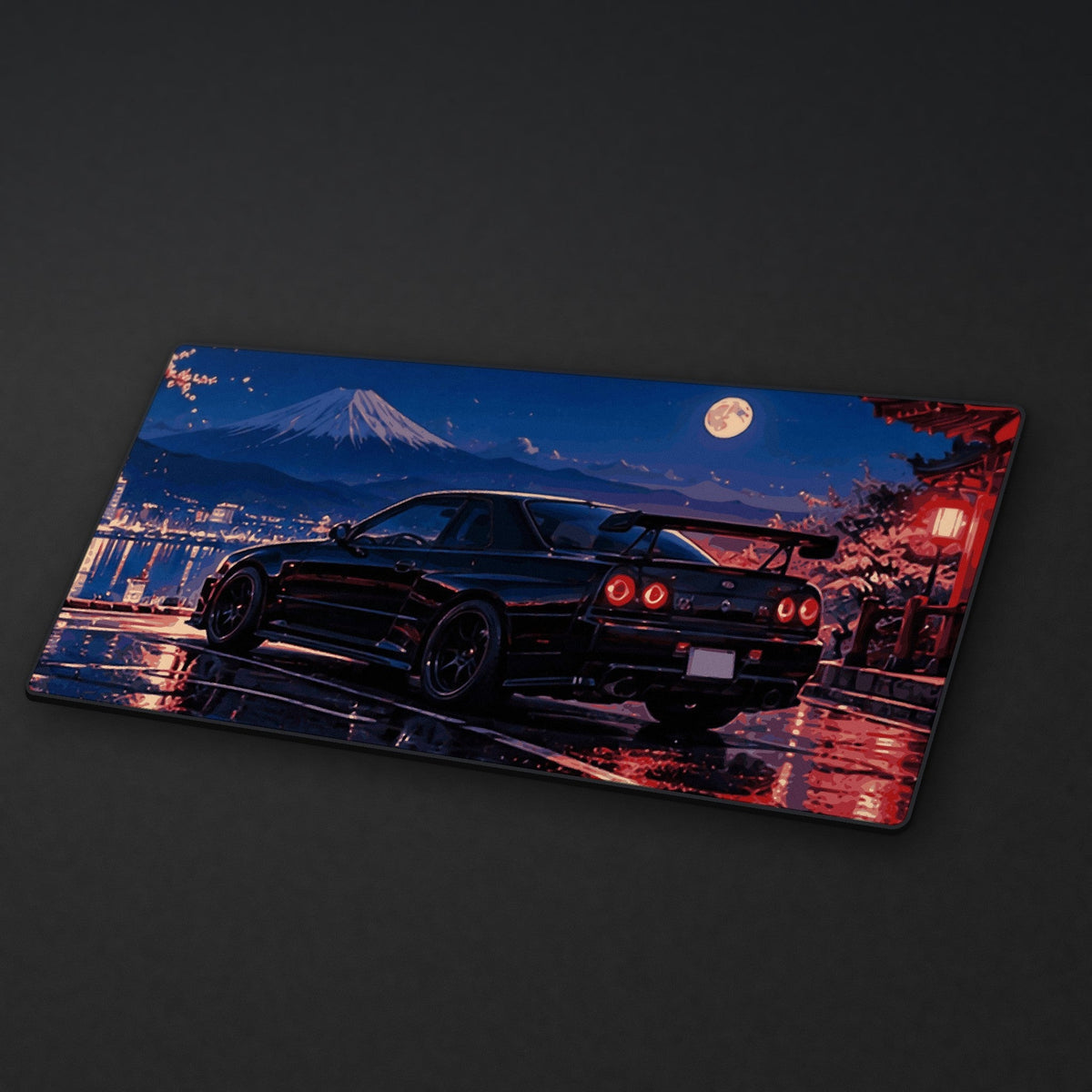 Midnight Overlook Desk Mat at an angle on a stone desk