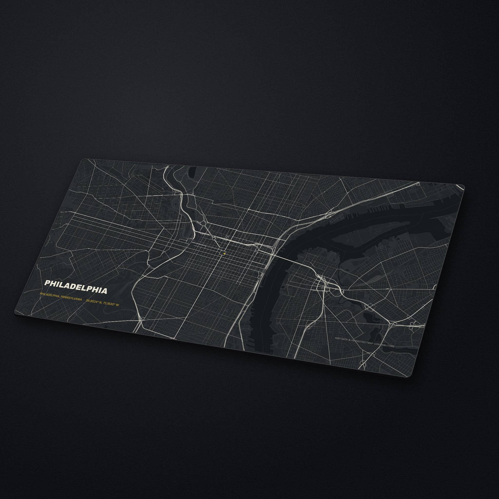 Philadelphia Street Map Desk Mat at an angle on a stone desk