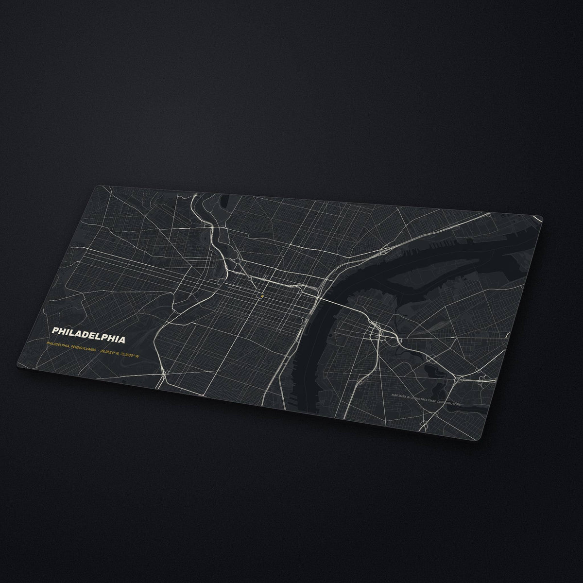Philadelphia Street Map Desk Mat at an angle on a stone desk