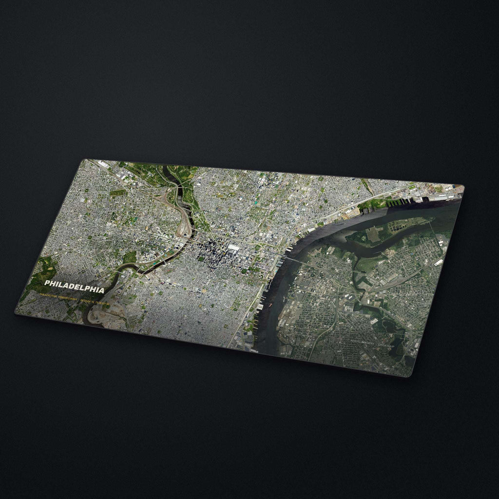 Philadelphia Satellite Desk Mat at an angle on a stone desk