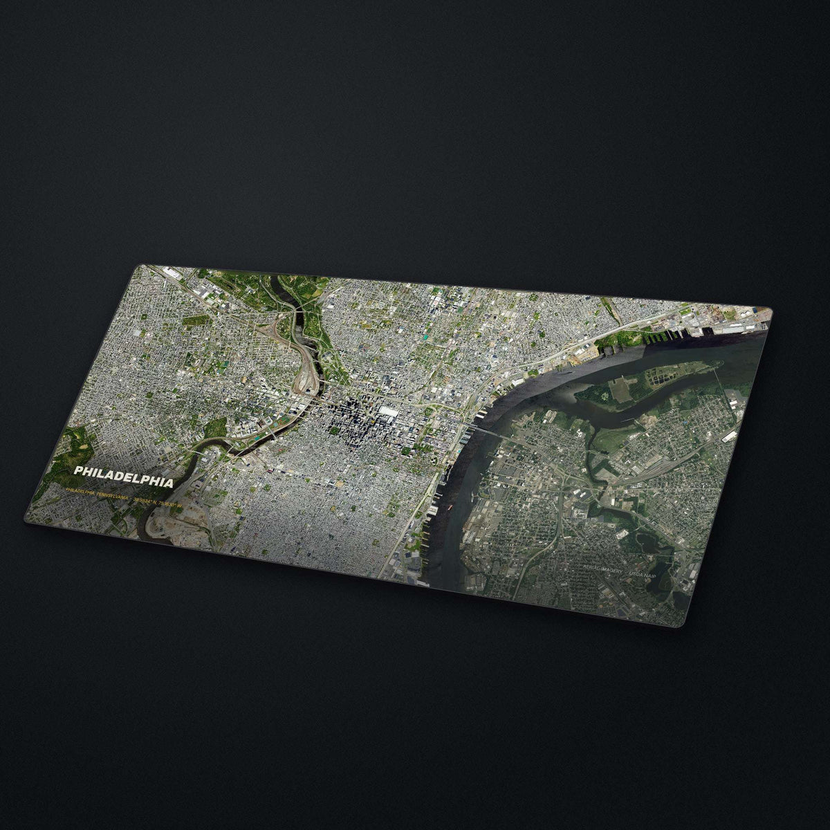 Philadelphia Satellite Desk Mat at an angle on a stone desk