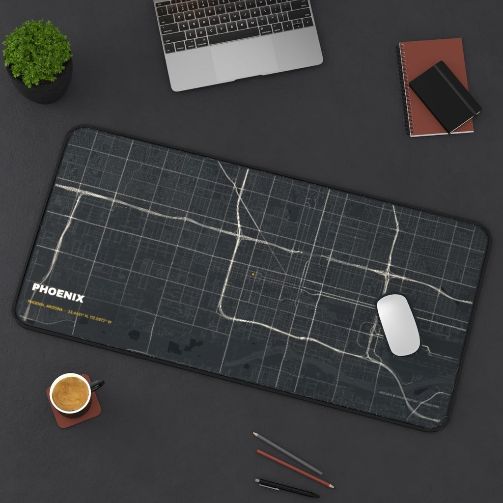 Phoenix Street Map desk mat on a desk with a laptop, mouse and coffee cup for scale
