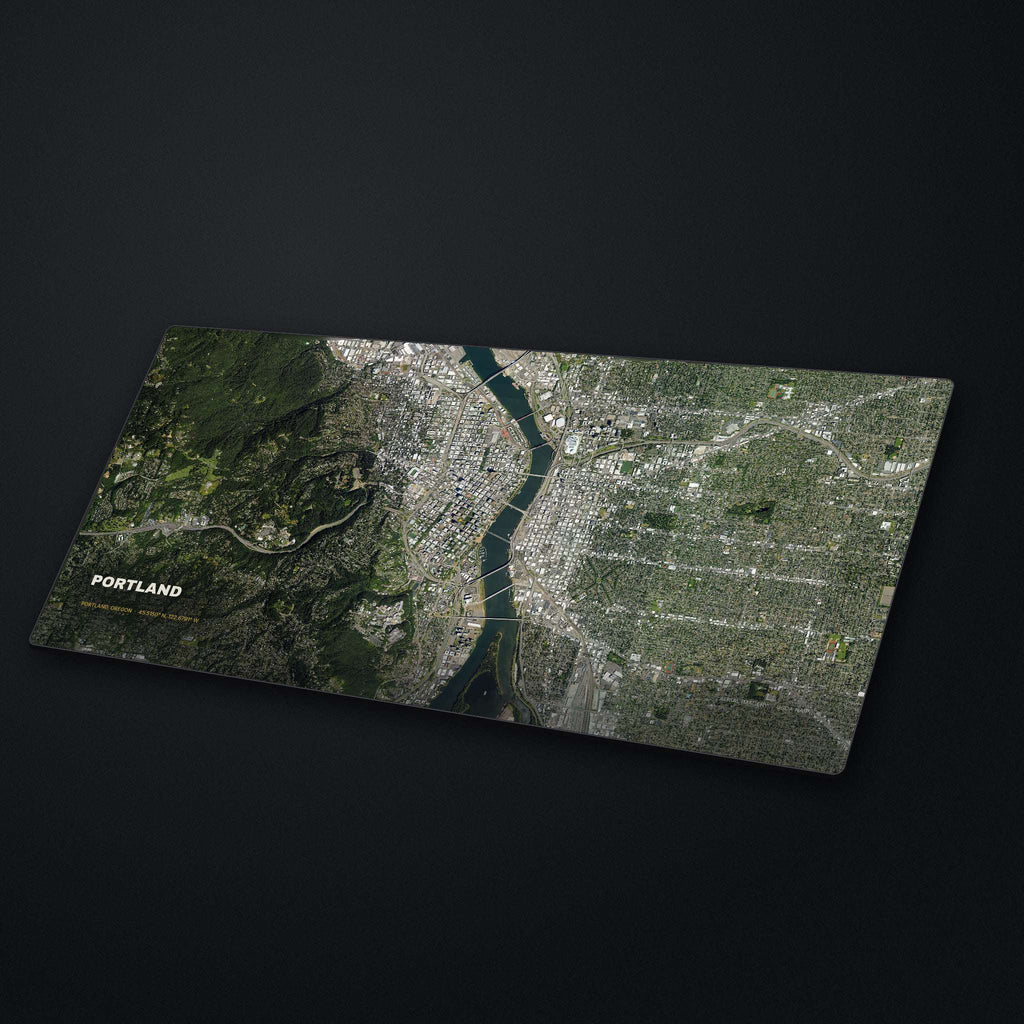 Portland, Oregon Satellite Desk Mat at an angle on a stone desk