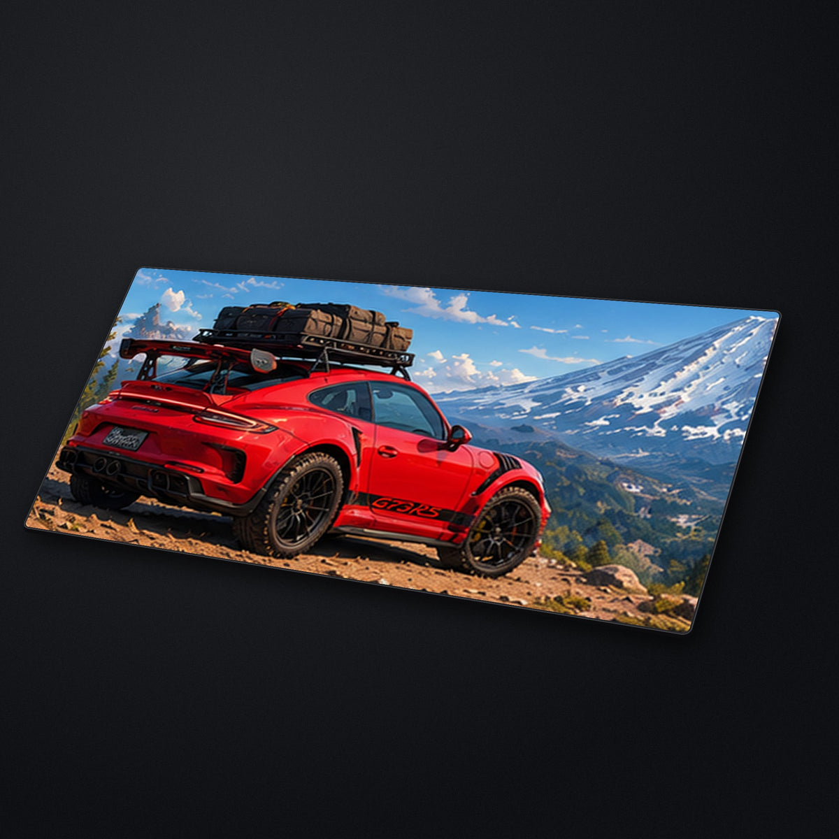 Red Overland Desk Mat at an angle on a stone desk
