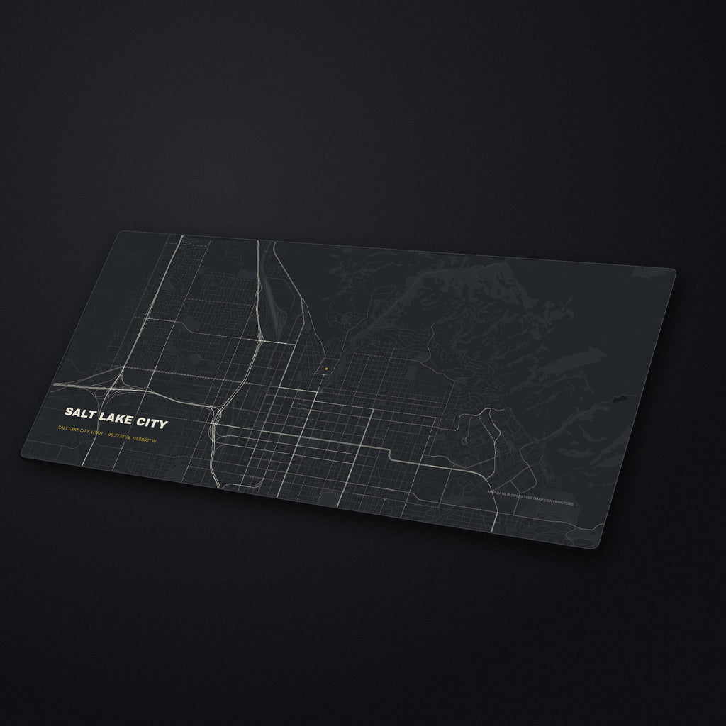 Salt Lake City Street Map Desk Mat at an angle on a stone desk