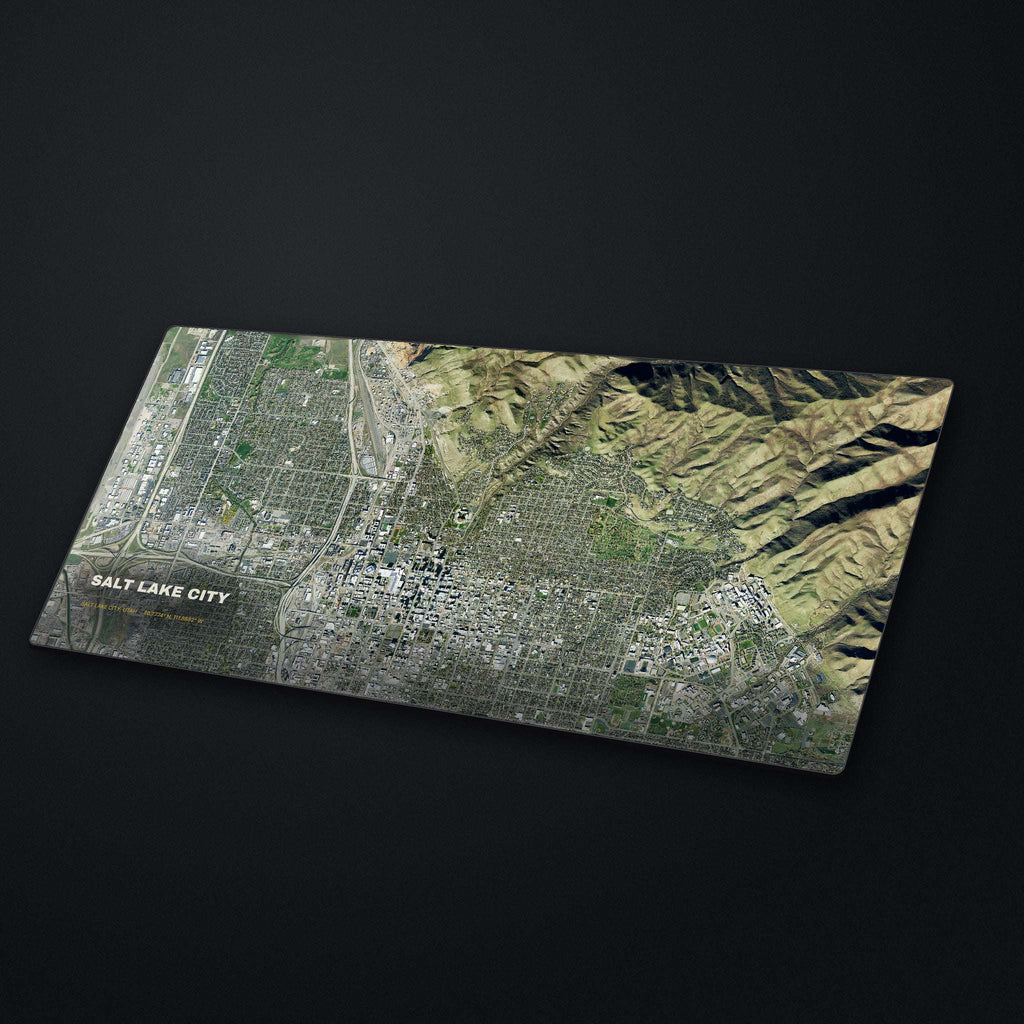 Salt Lake City Satellite Desk Mat at an angle on a stone desk