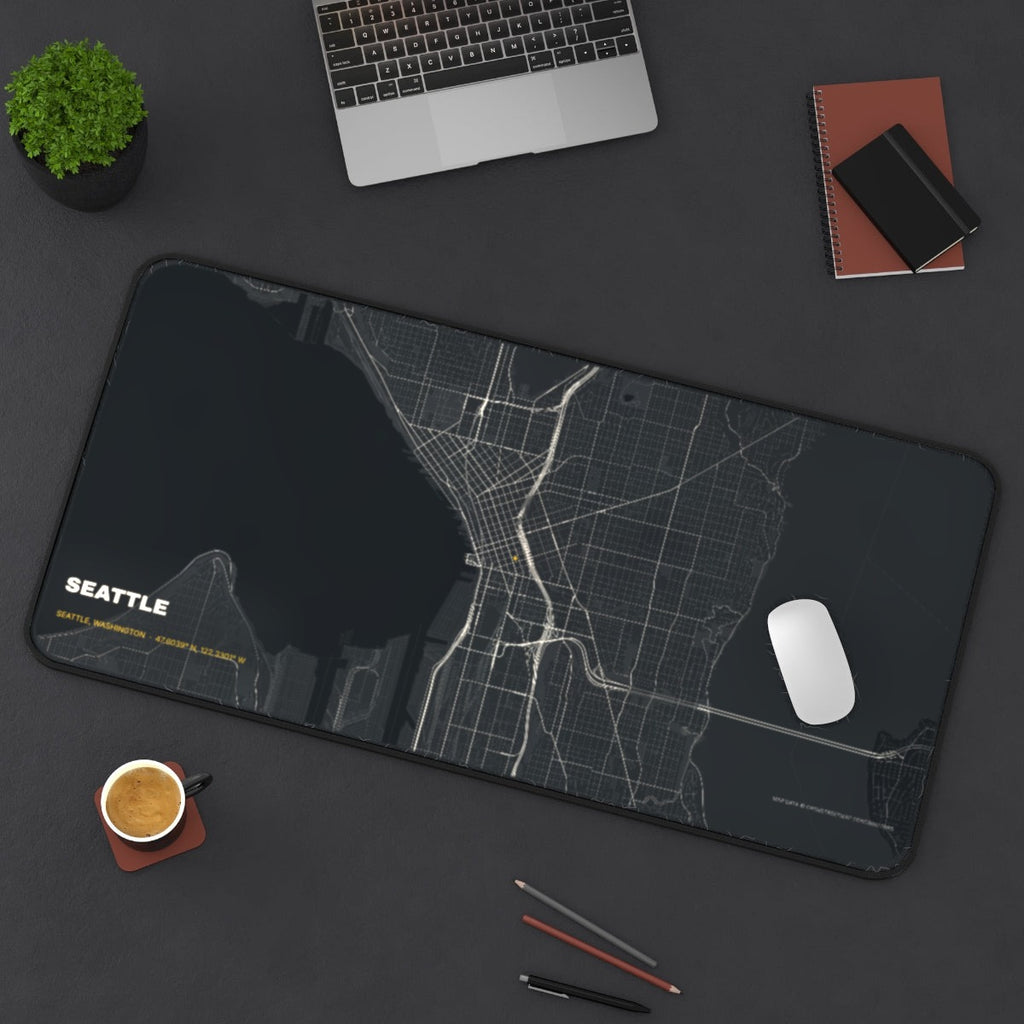 Seattle Street Map desk mat on a desk with a laptop, mouse and coffee cup for scale