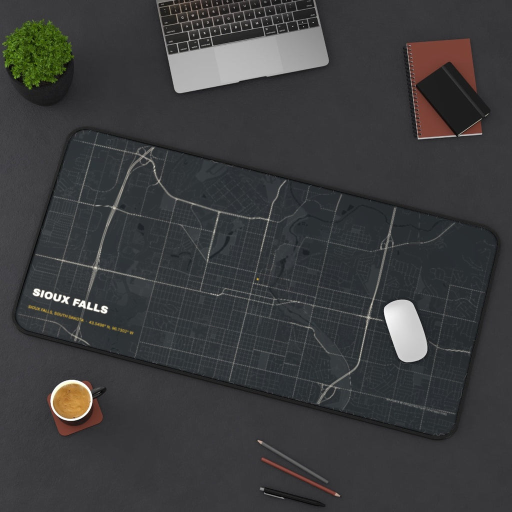 Sioux Falls Street Map desk mat on a desk with a laptop, mouse and coffee cup for scale