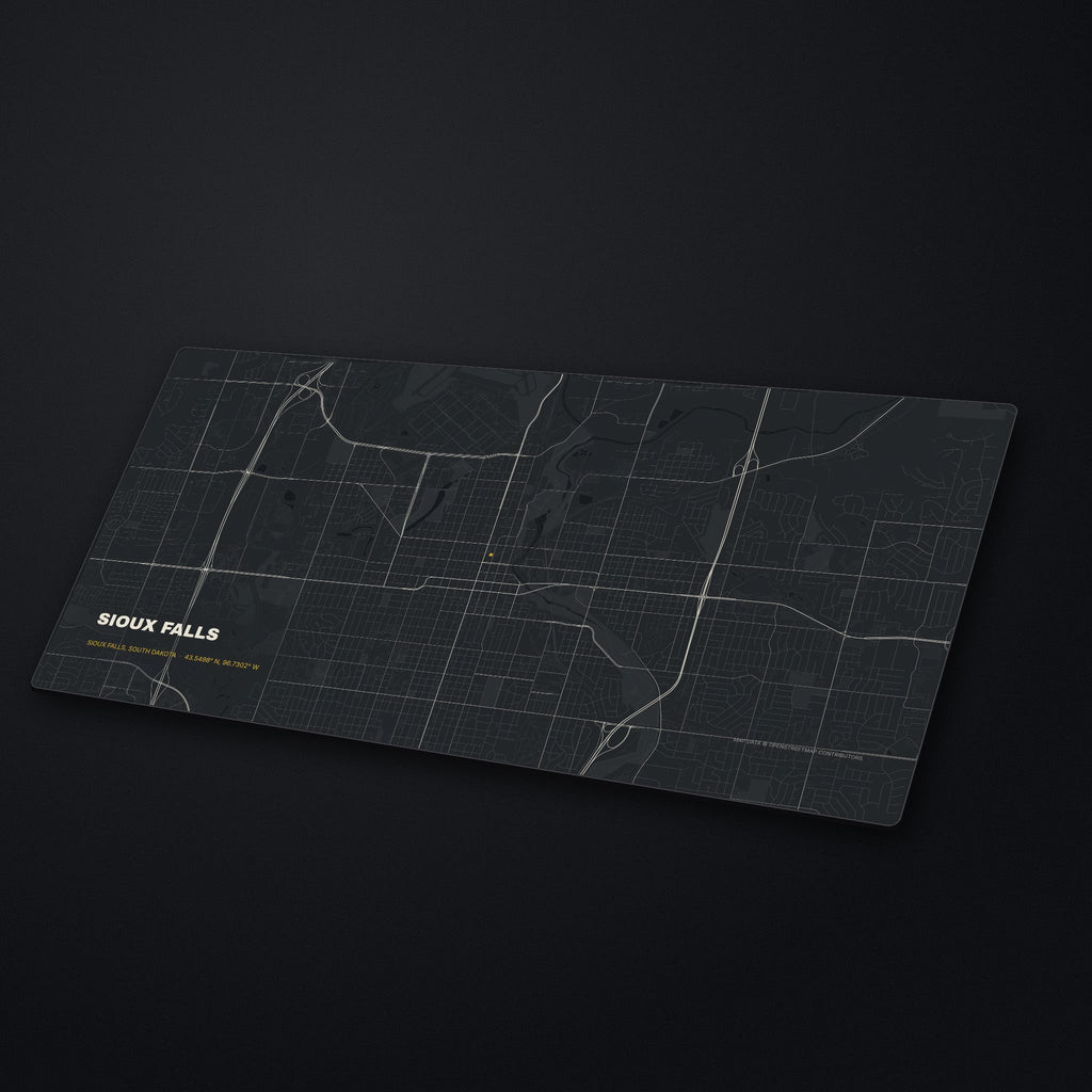 Sioux Falls Street Map Desk Mat at an angle on a stone desk