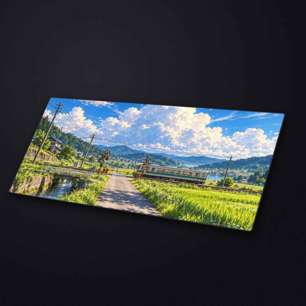 Summer Rice Fields Desk Mat at an angle on a stone desk