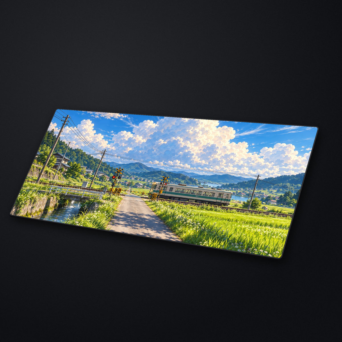 Summer Rice Fields Desk Mat at an angle on a stone desk