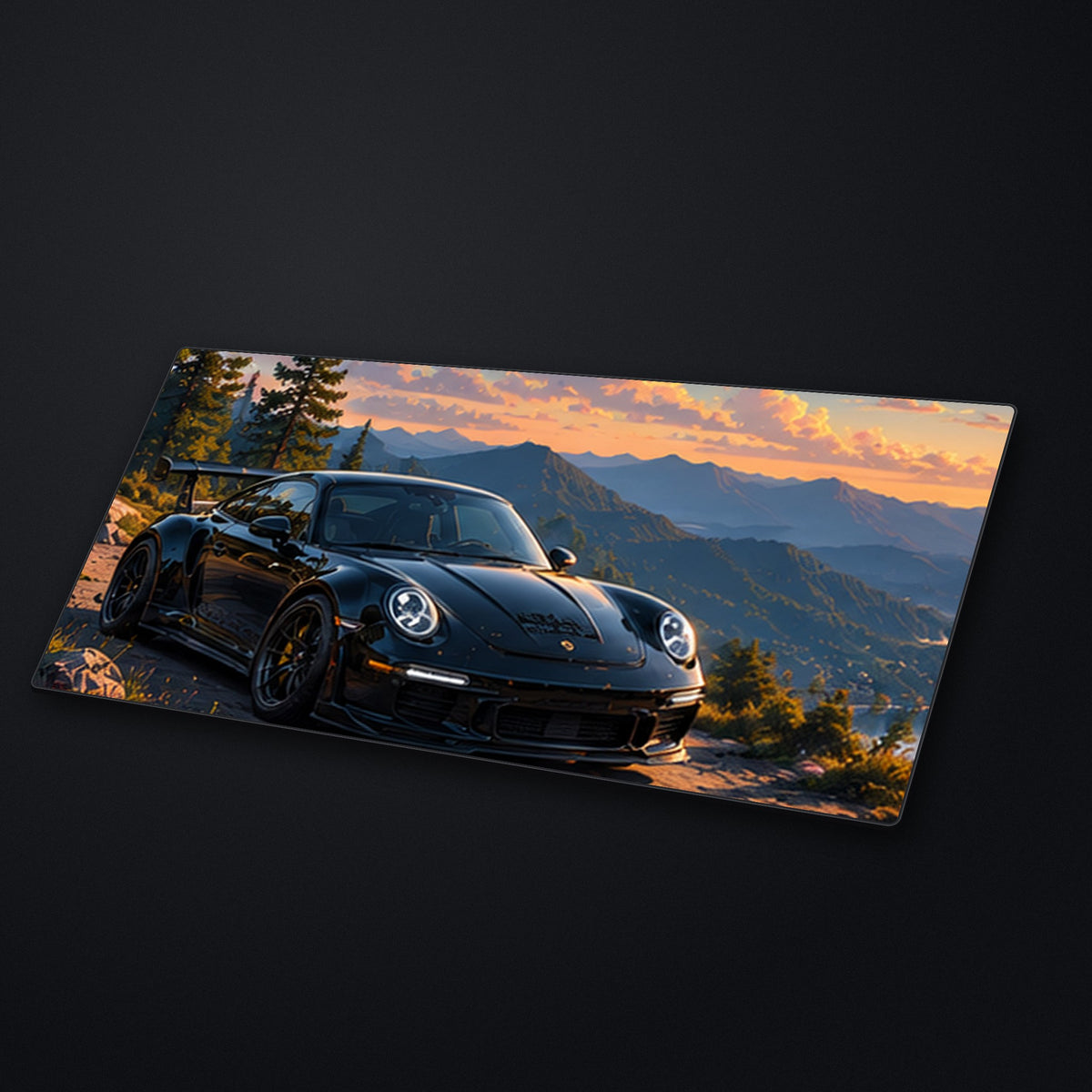 Sunset Mountain Desk Mat at an angle on a stone desk