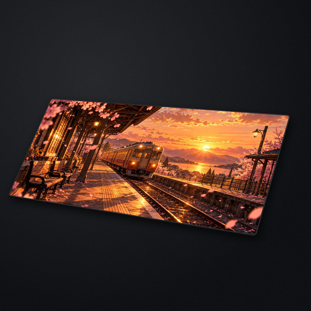 Sunset Station Desk Mat at an angle on a stone desk