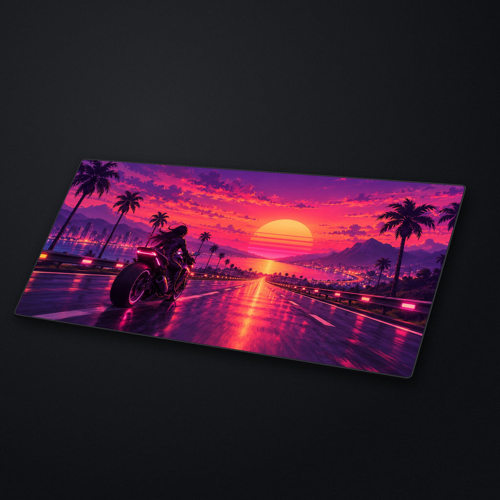 Synthwave Highway Desk Mat at an angle on a stone desk
