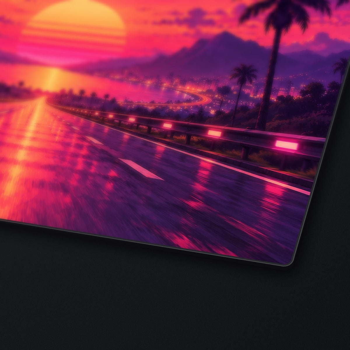 Synthwave Highway Desk Mat, edge detail