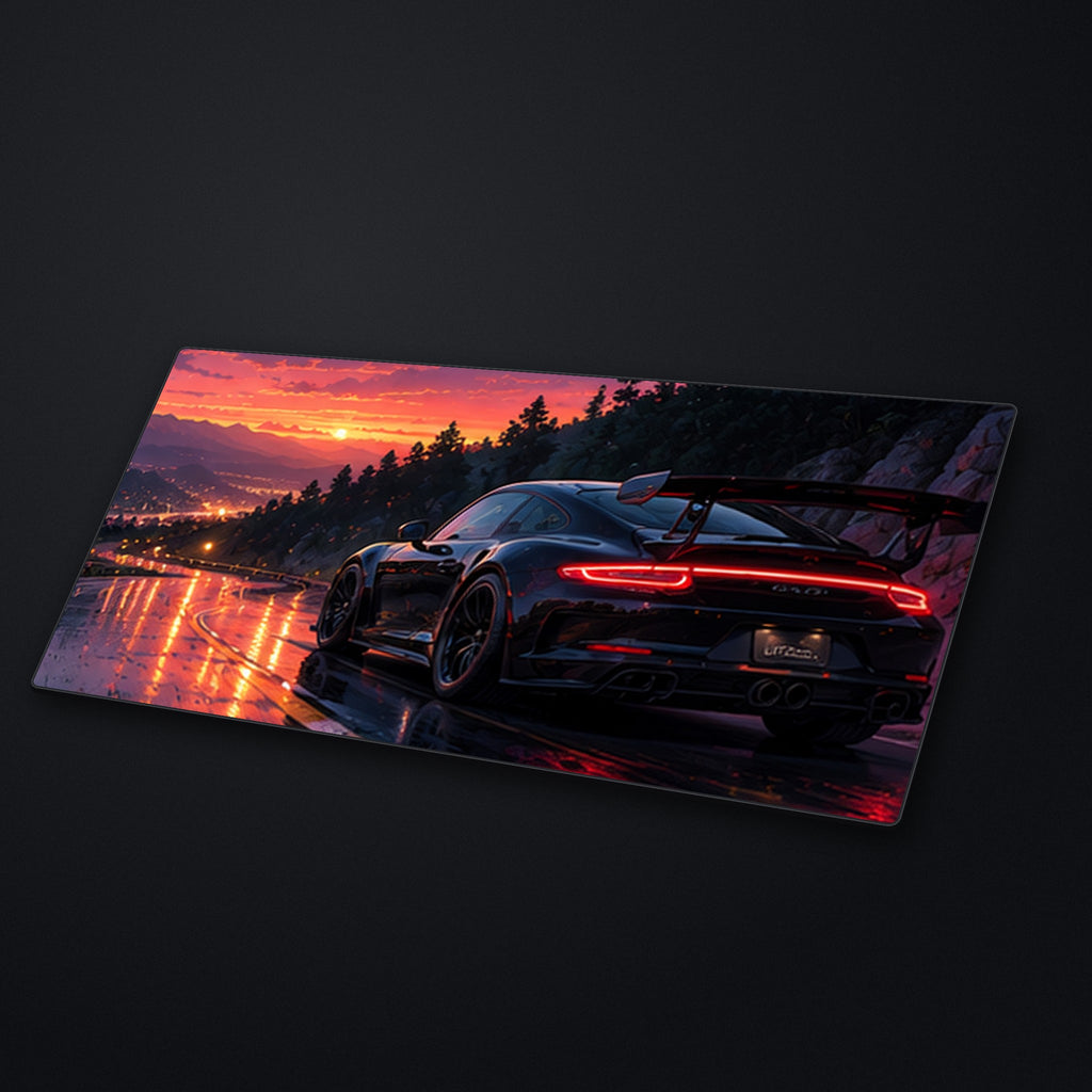 Twilight Mountain Road Desk Mat at an angle on a stone desk
