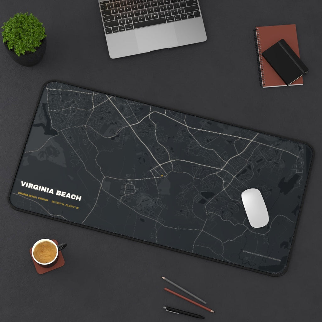Virginia Beach Street Map desk mat on a desk with a laptop, mouse and coffee cup for scale